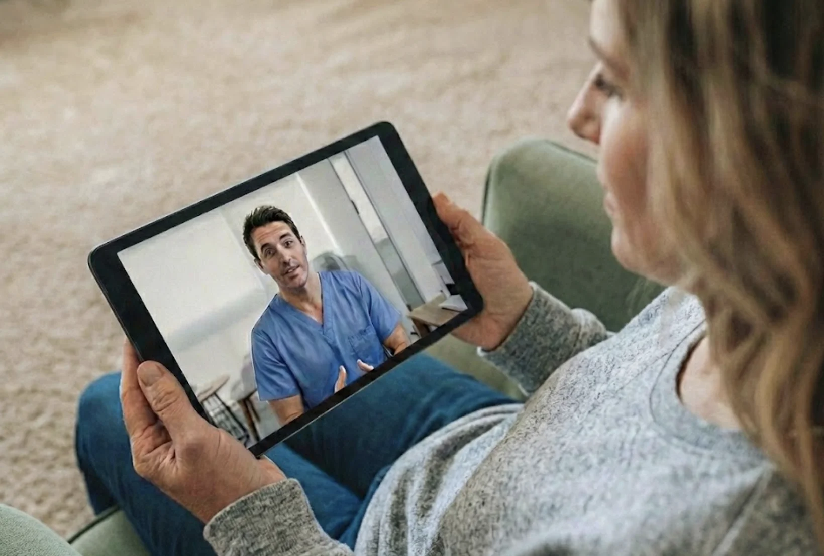 Woman consulting with healthcare provider on tablet